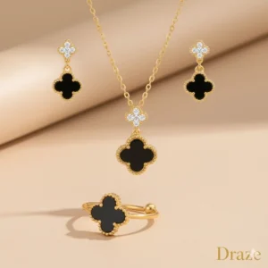 Elegant Black Clover Chain, Earring (Top) And ring - black